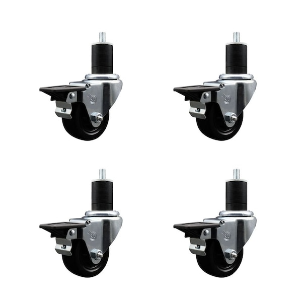 3'' Soft Rubber Swivel 1-3/4'' Expanding Stem Caster Set with Brake, 4PK
